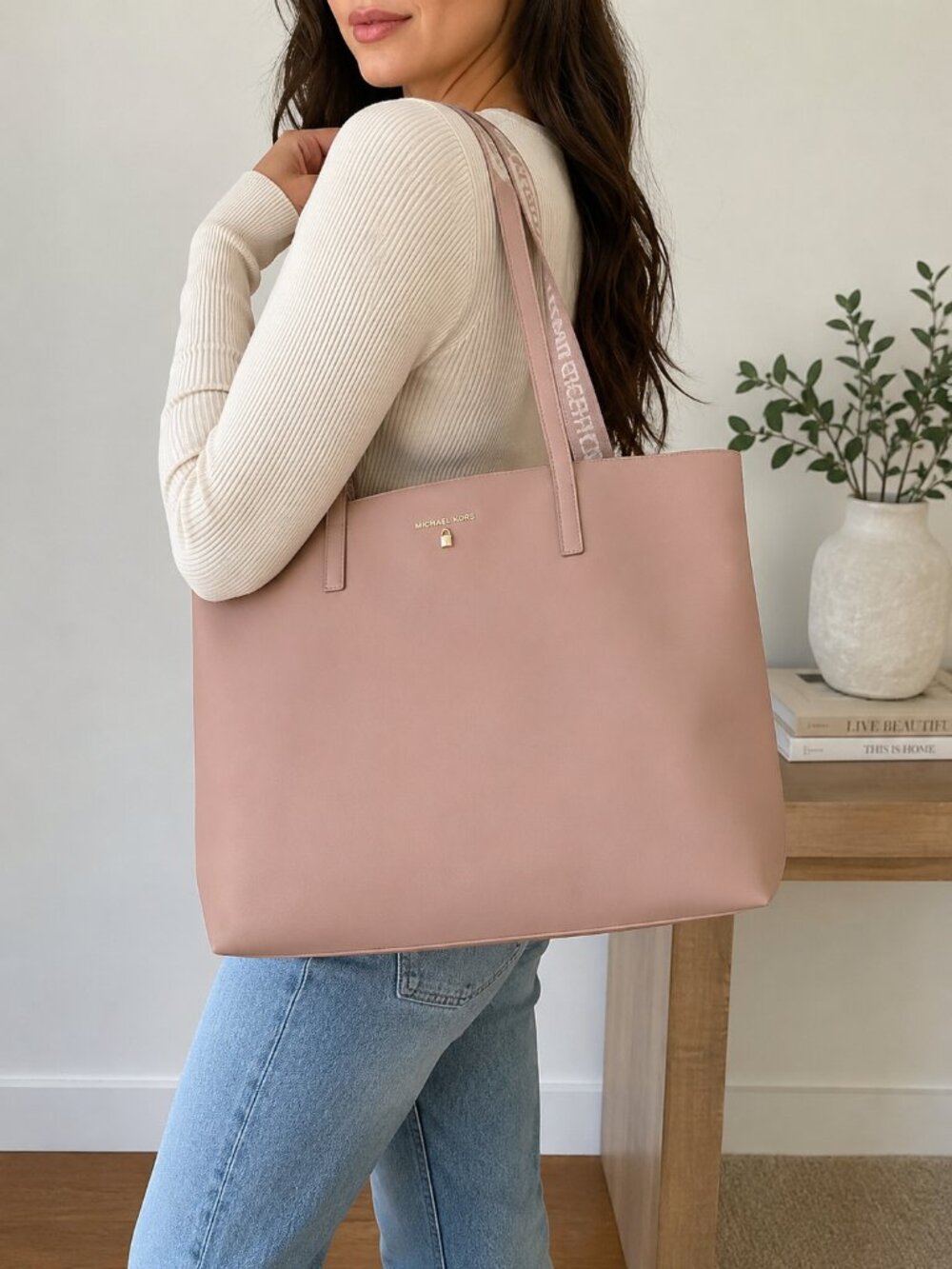 Michael Kors Blush Pink Large Tote Bag Shoulder Purse MK Logo Straps